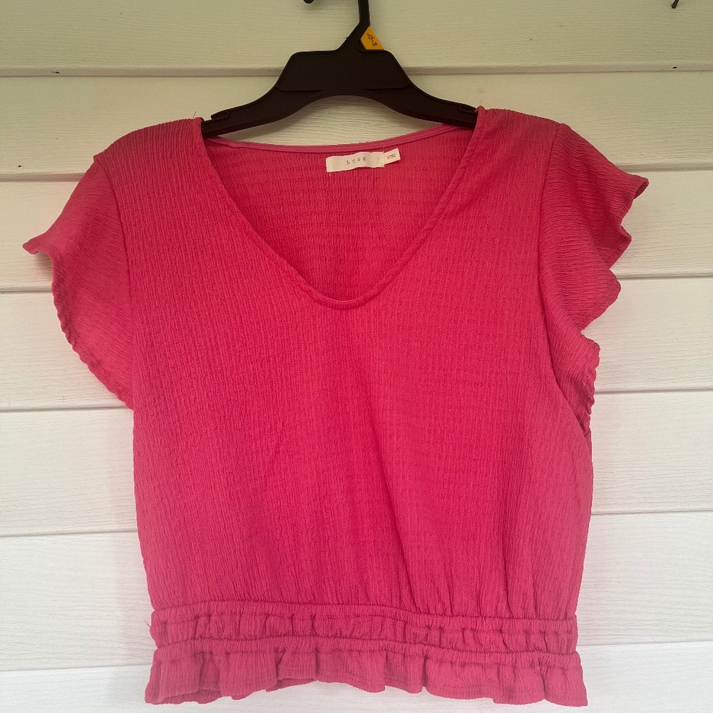Lush Hot Pink Textured Short Sleeve Crop Top M